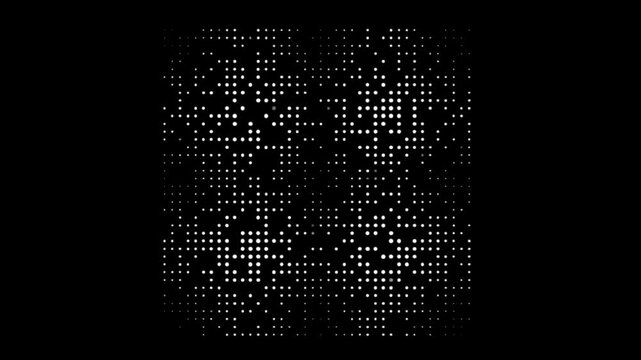 Symmetrical Halftone Dot Animation with Pulsing Grid and Rapid Flickering on Black Background Featuring Horizontal and Vertical Mirror Symmetry and Zentangle-Inspired Electric Checkerboard Motion