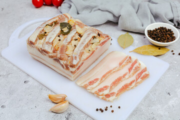 Raw pork fat with garlic. Salo. lard.