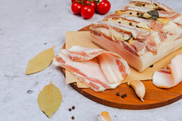 Raw pork fat with garlic. Salo. lard.