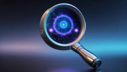 Futuristic magnifying glass examining digital circuitry and data visualization in tech concept