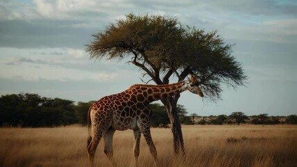 Giraffe Grazing Under an Acacia Tree in the African Savanna - Powered by Adobe