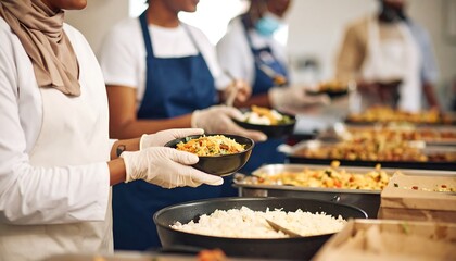 Diverse food service workers serving meals