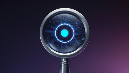 Futuristic magnifying glass revealing circuit board eye concept of artificial intelligence