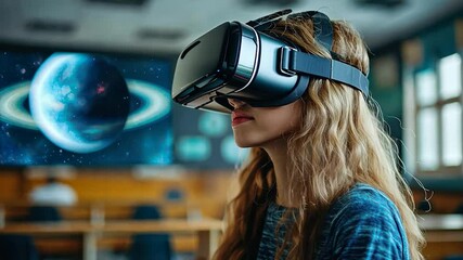 Teenage Girl Wearing VR Headset in Classroom Focused on Virtual Space Display - Powered by Adobe