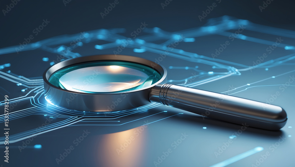 Poster magnifying glass examining digital circuitry representing data analysis and technological investigat
