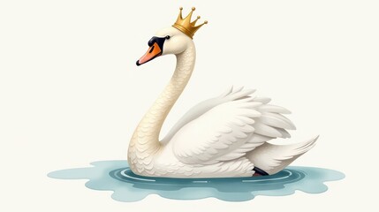 Obraz premium a delicate watercolor painting of a graceful swan wearing a small golden crown, soft pastel and dusty tones, dreamy fairy tale 