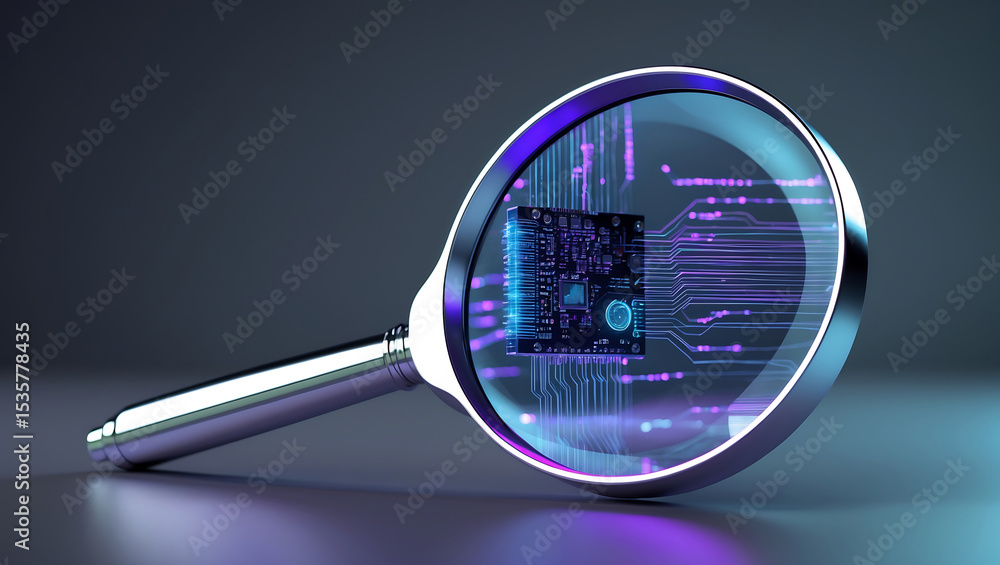 Poster magnifying glass focused on a microchip showing technological innovation and futuristic data analysi