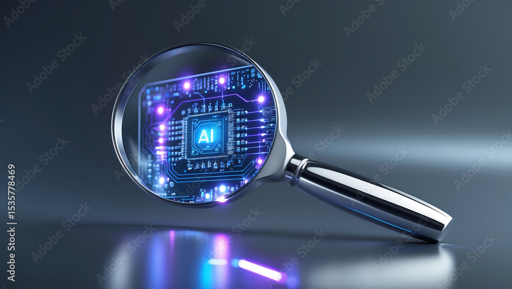 Poster magnifying glass focusing on artificial intelligence microchip in a futuristic conceptual design