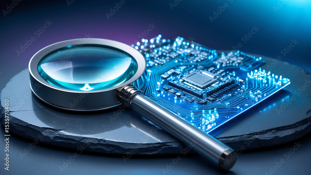 Poster magnifying glass inspecting illuminated circuit board technology and data analysis concept