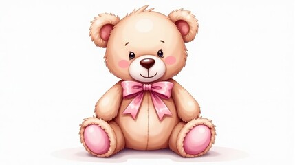 a cuddly teddy bear with a pink satin ribbon around its neck, watercolor painting in soft dusty beige and cream tones, delicate and charming, light and whimsical nursery theme