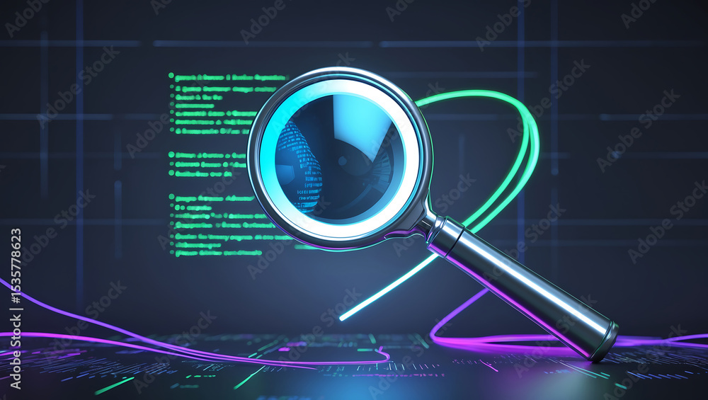Aufkleber magnifying glass over coding and data analysis concept technology innovation digital illustration