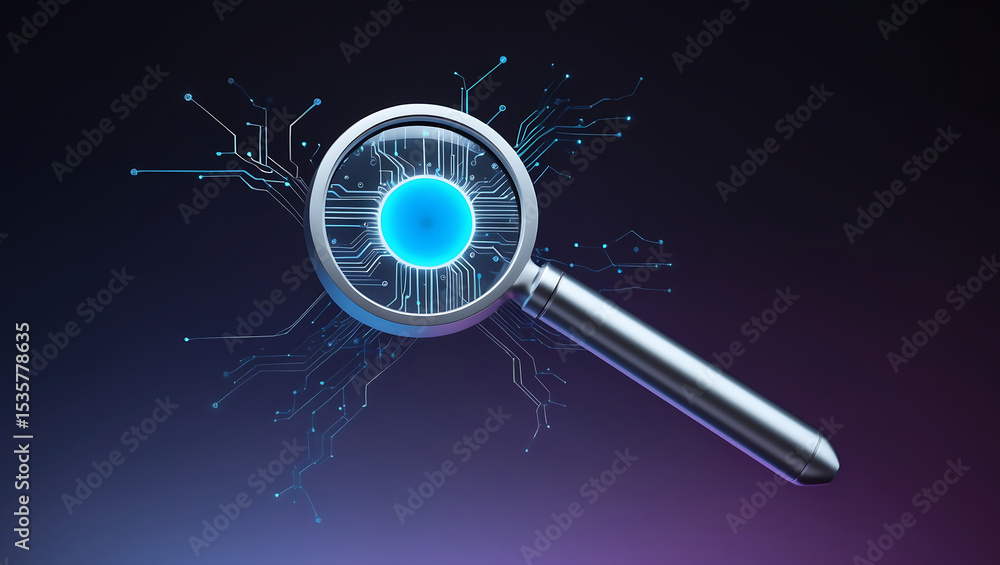 Poster magnifying glass over digital circuitry symbolizing data analysis and technological innovation