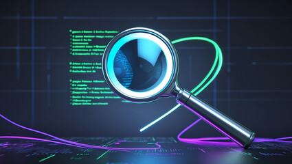 Magnifying glass over coding and data analysis concept technology innovation digital illustration