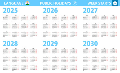 Calendar in Hindi language for year 2025, 2026, 2027, 2028, 2029, 2030. Week starts from Monday.