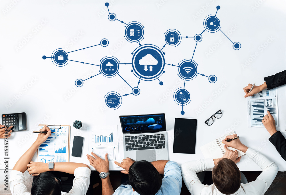 Poster visualize a collaborative workspace where professionals engage in digital strategy discussions, high
