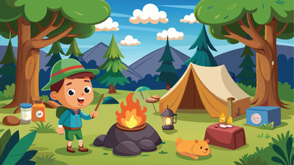Cartoon Boy Camping Outdoors with Tent, Campfire, Dog, and Mountain Scenery