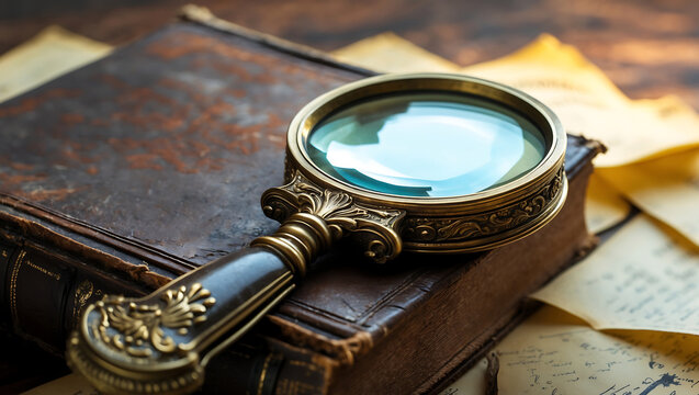 Vintage magnifying glass resting on a leather bound book with old paper background