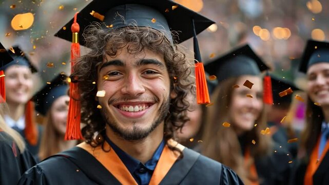 Smiling graduate student in graduation gown with orange tassels, gold confetti falling around him, with other graduates in the background
