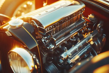 Obraz premium Detailed Close-up of a Polished Vintage Car Engine with Warm Sunlight Glinting Off Chrome Components