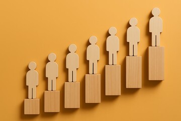 Ascending Wooden Figures Illustrating Growth, Progress, and Hierarchy A Visual Metaphor for Career Advancement, Business Success, and Team Development
