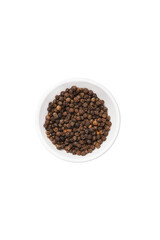 Black peppercorn in white bowl isolated