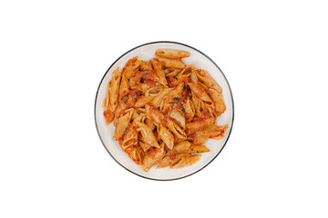 Pasta spaghetti Bolognese with red tomato souse on white plate on isolated white background.