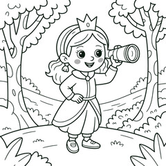 Princess Girl Taking Photos in Forest Coloring Page Cute Cartoon Line Art Illustration for Kids
