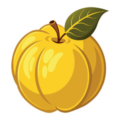 Vibrant golden yellow quince fruit with green leaf on white background, fresh and juicy, fruit illustration