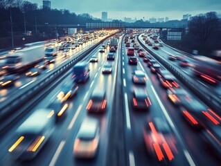A high-up view shows a busy US highway. Cars and trucks are moving fast. It shows how important highways are for travel.
