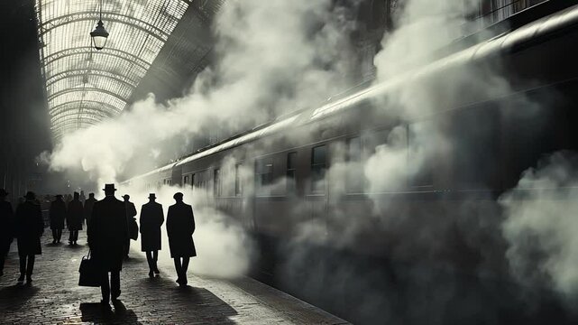 Silhouette of people walking in a train station, steamy atmosphere, dark and moody, black and white, vintage style, train, people, station, travel, dark, smoke, shadowy, urban, sepia, monochrome