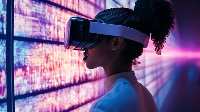 Woman In Vr Headset Viewing Digital Wall Data Stream