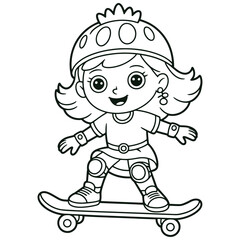 Princess Girl Skateboarding Coloring Page Cute Cartoon Line Art Illustration for Kids