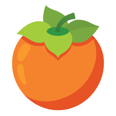 Vivid illustration of a ripe orange persimmon fruit with green leaves on top, isolated on white background.