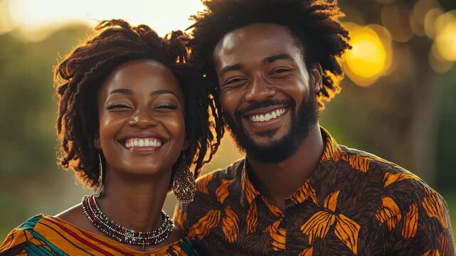 Happy Couple Portrait Outdoors In Warm Sunlight