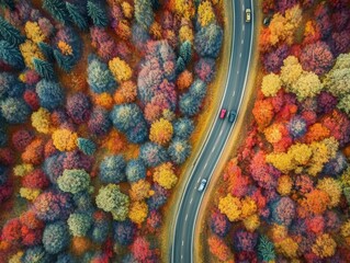 A road runs through Finland's countryside, with cars driving past colorful autumn trees. Seen from above.
