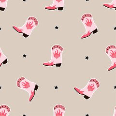 Seamless pattern with cowboy boots and stars. Cowgirl boots. Western and wild west theme. Party poster, banner or invitation. Hand drawn vector illustration