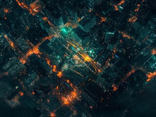 City at night seen from above. It shows smart tech, internet links, and virtual reality.
