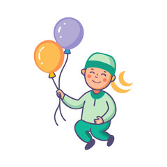 Cartoon Muslim boy celebrating Ramadan or Eid with balloons and crescent moon colorful vector icon