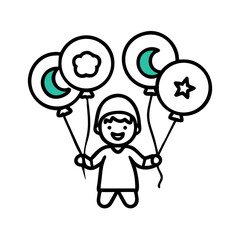 Happy Cartoon Boy Holding Balloons with Symbols of Ramadan and Celebration colorful vector icon