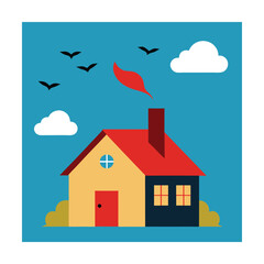 Cozy House with Chimney Smoke and Flying Birds