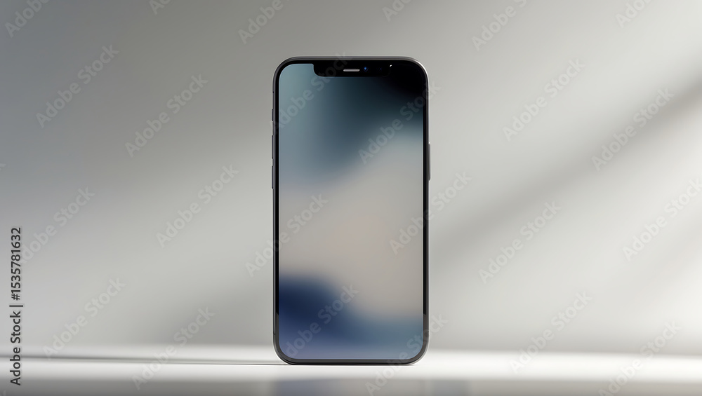 Poster minimalist smartphone mockup with blurred display screen on a white studio backdrop