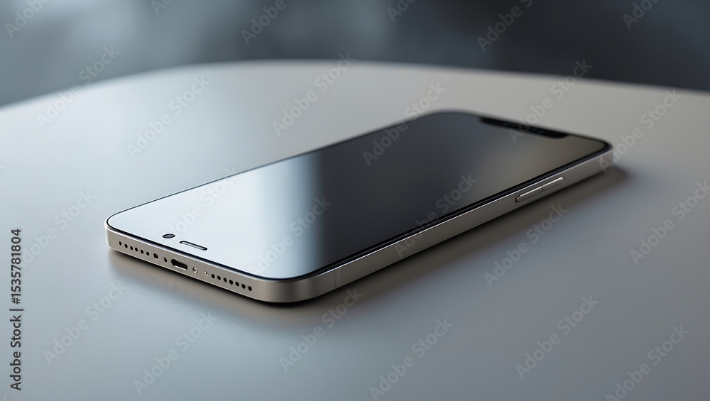 Poster modern silver smartphone resting on a smooth surface with a focus on the screen
