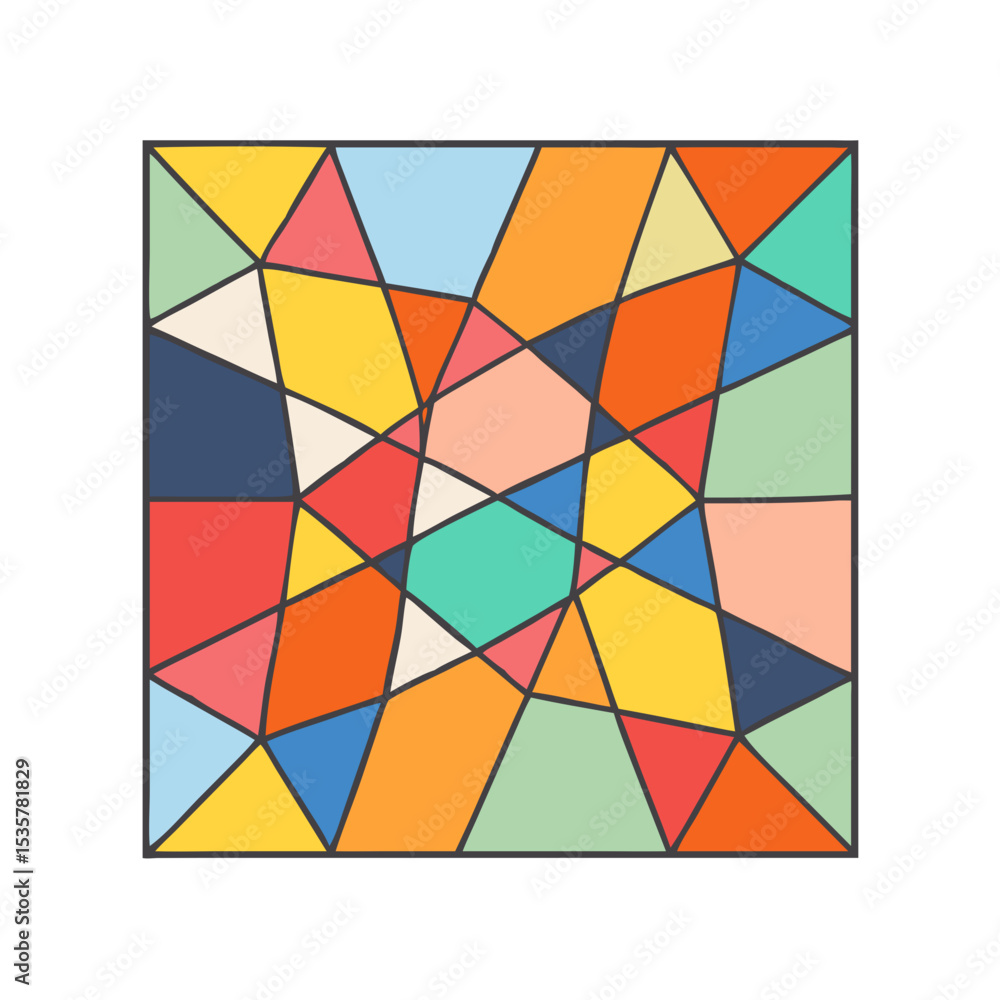 Poster colorful geometric square composition with triangular and polygonal shapes, minimalist aesthetic col