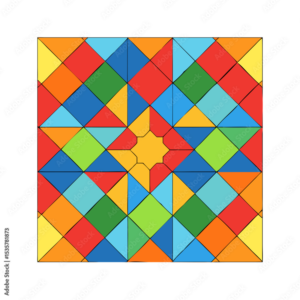 Poster colorful geometric quilt pattern design with triangles and diamond shape center colorful vector icon