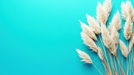Dried pampas grass arranged against a vibrant turquoise background.