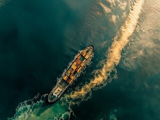 From above, we see a cargo ship leaving a trail in the ocean. It carries containers for export, using technology to ship goods.
