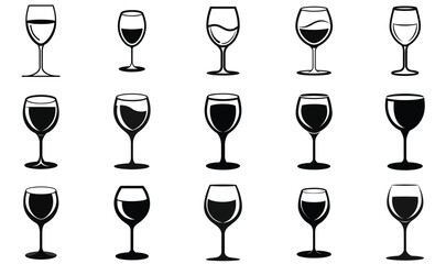 Collection of Wine Glass Illustrations Black and White Vector Graphics