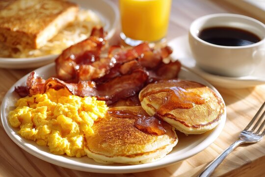 American breakfast with scrambled eggs, crispy bacon, golden pancakes with maple syrup, hash browns, buttered toast, a cup of black coffee, and a glass of orange juice.