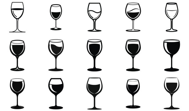 Collection of Wine Glass Illustrations Black and White Vector Graphics
