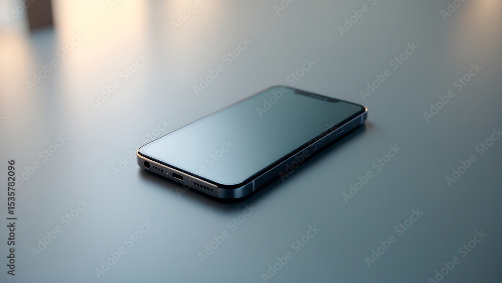 Poster modern smartphone displayed on a smooth reflective surface with elegant minimalist lighting
